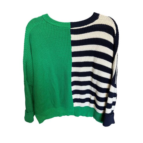 JS71 Colorblock Striped Sweater Knitted Crewneck Navy Blue Green Size M / L - Picture 6 of 10